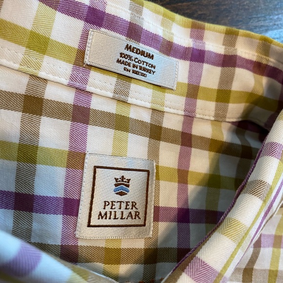 Peter Millar Plaid Button Down Mens Shirt Size M 100% Cotton Purple Green White - Picture 4 of 9